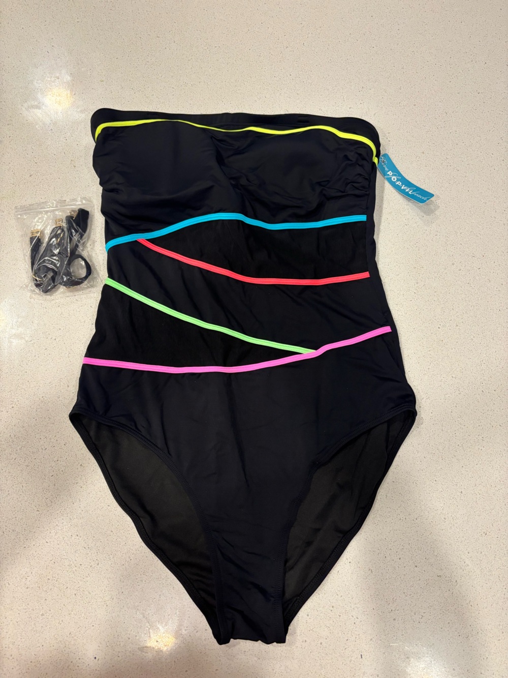 Women's Black One-Piece Swimsuit with Pink, Green, Red and Blue Trim
